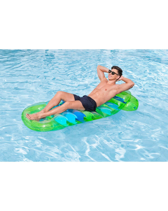 Inflatable Bestway mattress for outdoor use, featuring a colorful design suitable for swimming pools and water play.