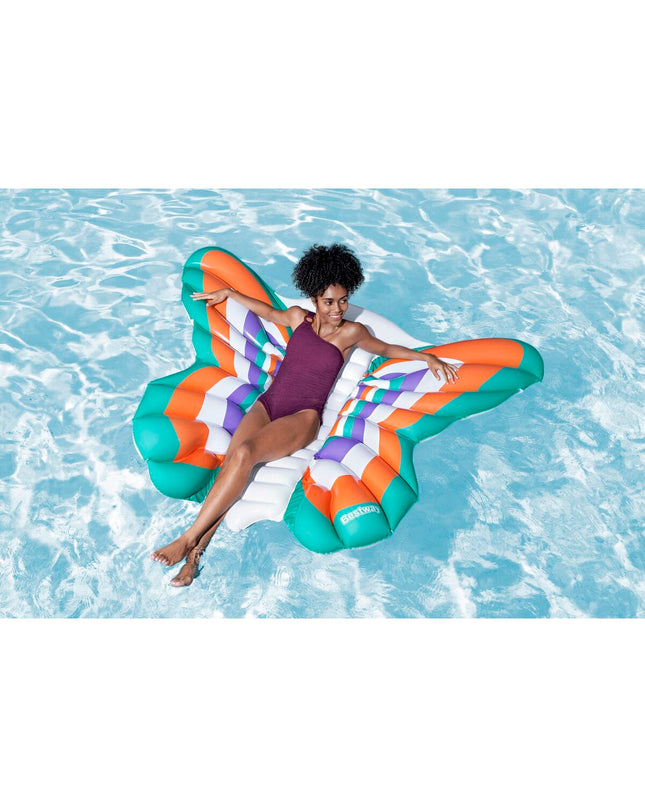 Bright orange Bestway inflatable mattress, lightweight, suitable for outdoor use, designed for relaxation and comfort.