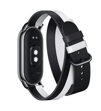 Xiaomi Band 8 wrap-style smartwatch strap in black and white, designed for sport and outdoor use.