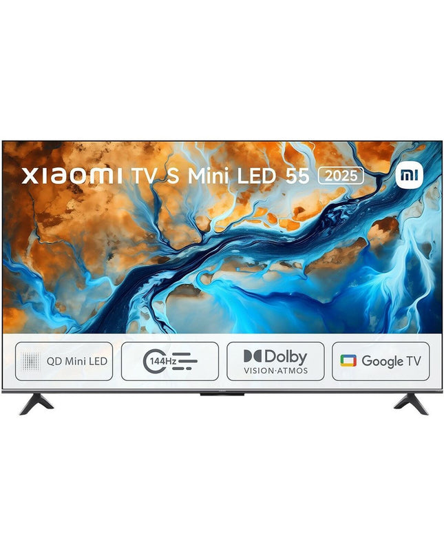 Xiaomi S 2025 55-inch 4K Ultra HD QLED smart TV displaying vibrant colorful images on screen.