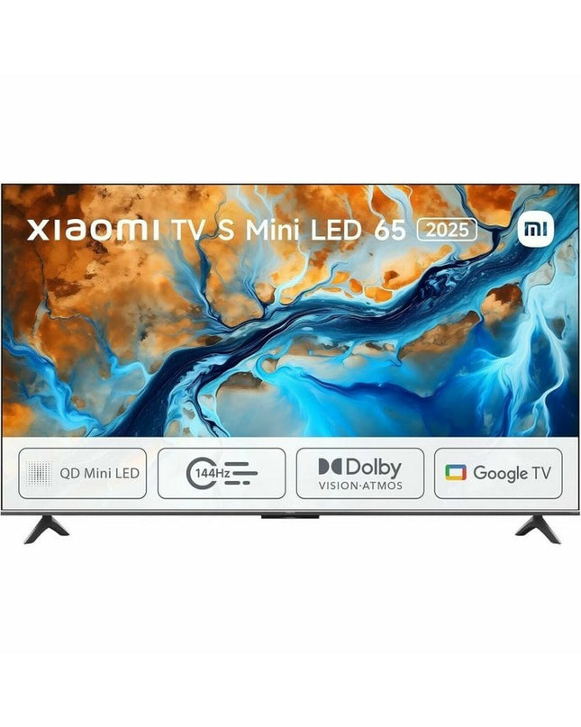 Xiaomi S MINILED 2025 65-inch 4K Ultra HD QLED Smart TV displaying vibrant HDR images in a modern living room setting.
