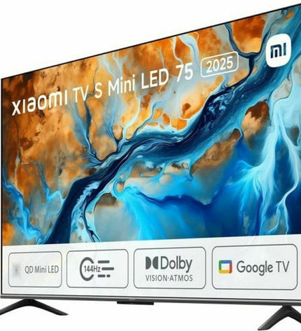Xiaomi MINILED 2025 75-inch 4K Ultra HD smart TV with sleek black bezel, displaying vibrant colorful image on screen.