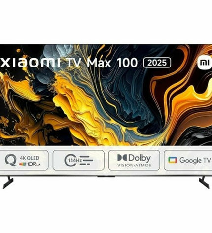 Xiaomi ELA5692EU 4K Ultra HD 100-inch QLED Smart TV displaying vibrant video content in a modern living room setting