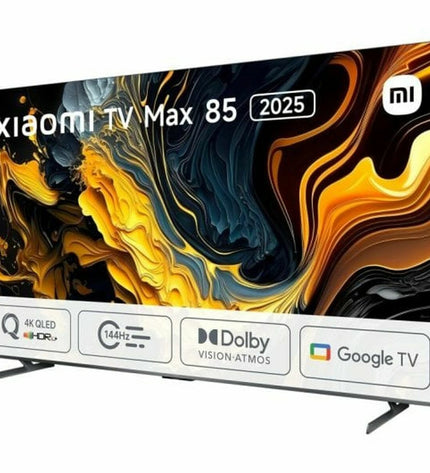 Xiaomi 85-inch 4K Ultra HD QLED Smart TV displaying vibrant images and sleek design in a modern living room.