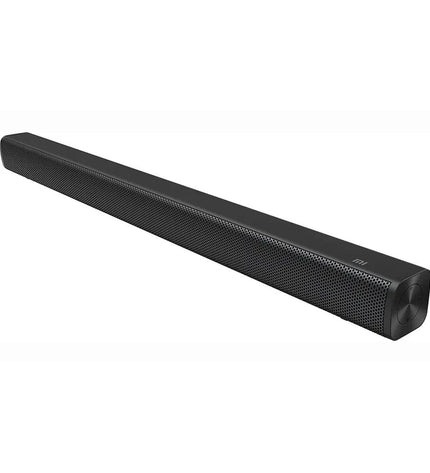 Xiaomi black soundbar with sleek design, electronic audio and hi-fi equipment for enhanced home audio experience.