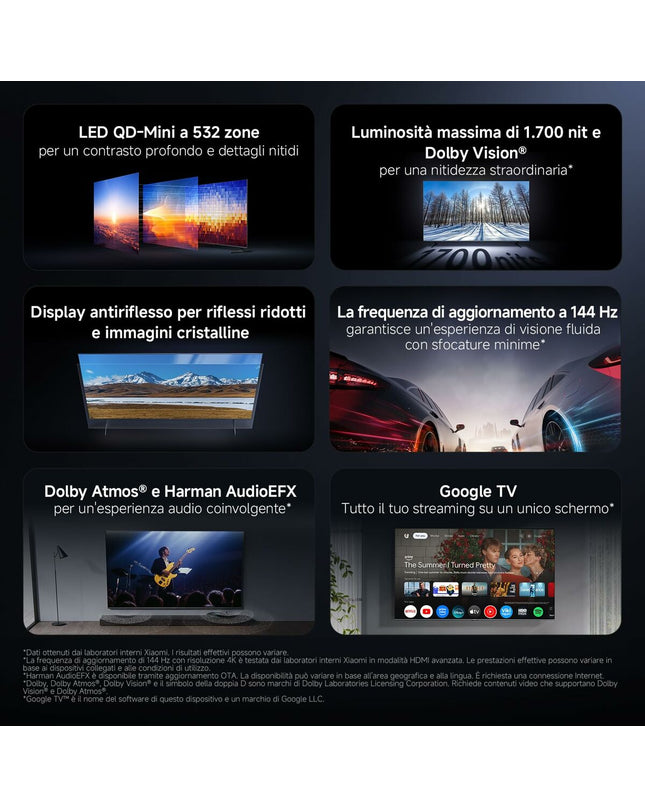 Xiaomi ELA6318EU 4K Ultra HD QLED smart TV displaying vibrant colors and sleek black frame in a modern living room setting.