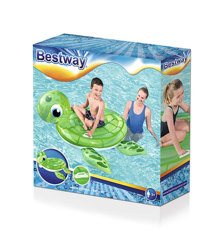Bestway inflatable turtle figure with handles, 140x140 cm, ideal for beach and pool play, outdoors and water activities.