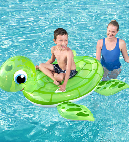 Bestway inflatable turtle figure with handles, 140x140 cm, suitable for beach and pool play, perfect for kids' outdoor fun.