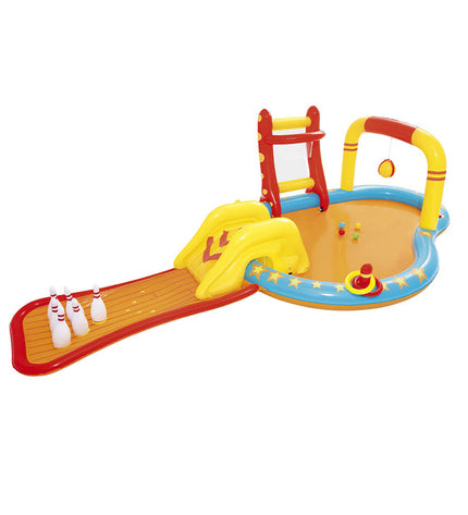 Bestway inflatable children's pool with bowling game, 435x213x117 cm, suitable for outdoor play and garden fun.