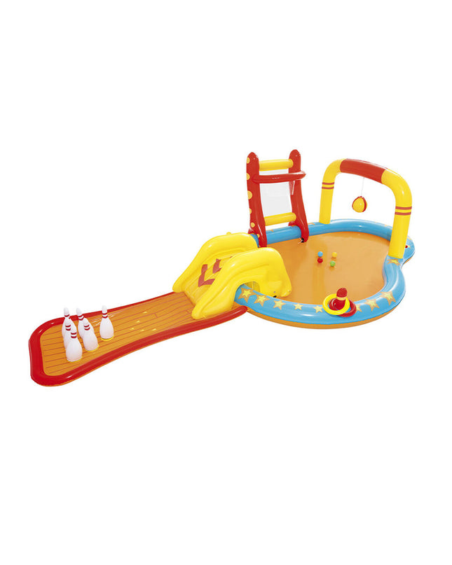 Bestway inflatable children's pool with bowling game, 435x213x117 cm, suitable for outdoor play and garden fun.