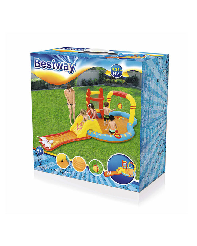 Bestway inflatable swimming pool with bowling game, 435x213x117 cm, outdoor toy for kids, includes playpark and garden fun accessories