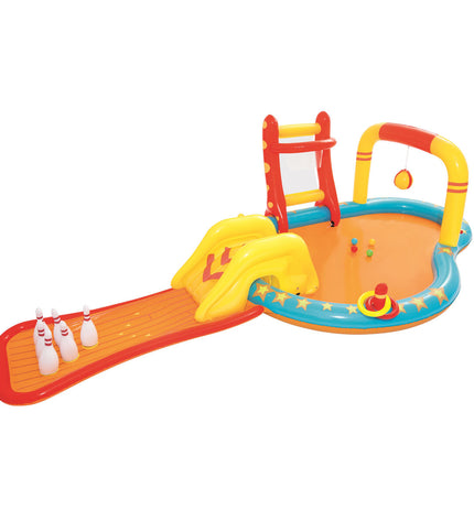 Bestway inflatable backyard swimming pool with bowling game, 435x213x117 cm, suitable for outdoor play and summer fun.
