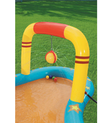 Bestway inflatable swimming pool and bowling game set in a backyard, 435x213x117 cm, suitable for outdoor play and fun.
