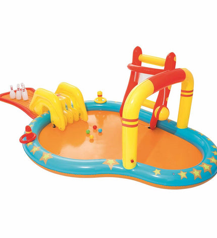 Bestway inflatable swimming pool with bowling game, 435x213x117 cm, suitable for outdoor play and garden fun.