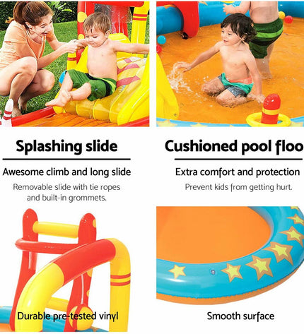 Bestway inflatable swimming pool and outdoor play park with bowling game, measuring 435x213x117 cm, suitable for garden fun.
