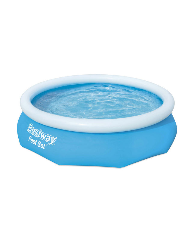 Inflatable Bestway swimming pool with 305 cm diameter and 76 cm height, set up outdoors in a garden.