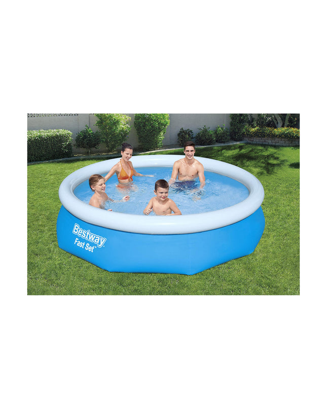 Inflatable Bestway pool with 305 cm diameter and 76 cm height, suitable for garden use, featuring blue and white design.