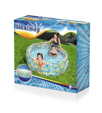Bestway inflatable pool with three rings in transparent tropical design, measuring 170x53 cm, suitable for children over 6 years.