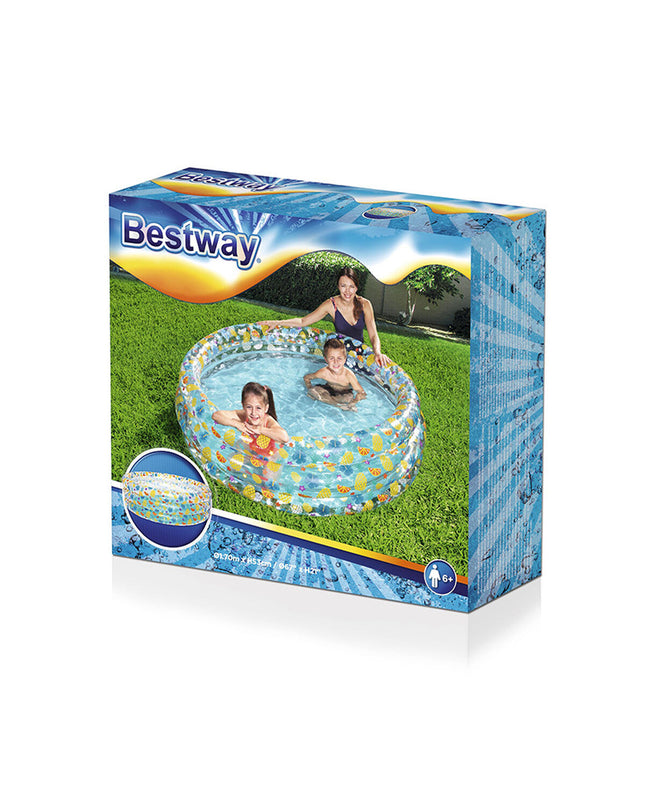 Bestway inflatable pool with three rings in transparent tropical design, measuring 170x53 cm, suitable for children over 6 years.