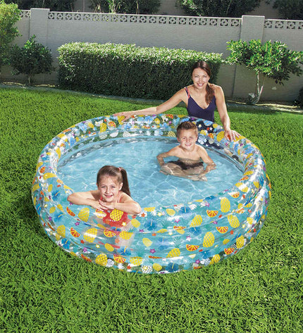 Bestway inflatable pool with three rings, transparent tropical design, 170x53 cm for kids, outdoor toy for ages 6 and up
