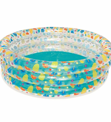 Bestway inflatable swimming pool with three rings, transparent tropical design, 170x53 cm, suitable for kids aged 6+ in the garden