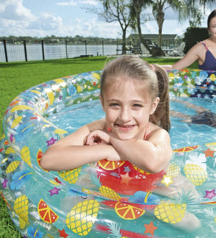 Bestway inflatable pool with three rings, transparent tropical design, 170x53 cm, suitable for children over 6 in outdoor settings