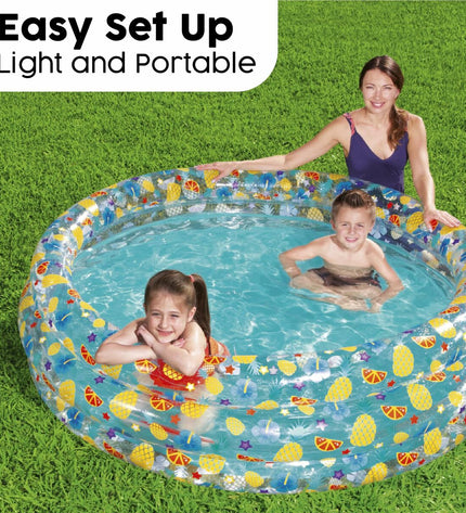 Bestway inflatable pool with three rings, transparent tropical design, 170x53 cm, suitable for children in garden outdoor fun.