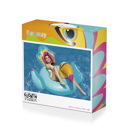 Colorful Bestway inflatable toucan figure with handles, suitable for beach and pool play, perfect for outdoor fun and summer activities.