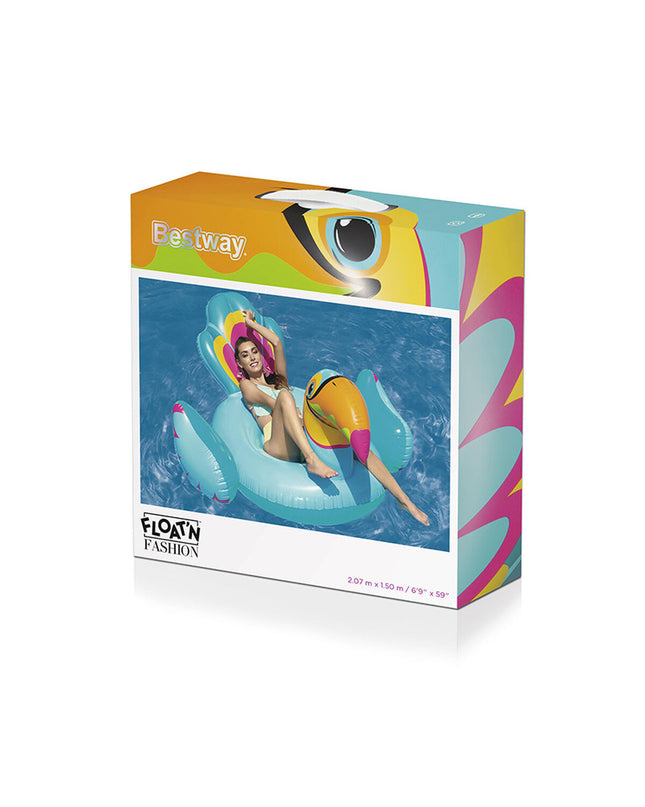 Colorful Bestway inflatable toucan figure with handles, suitable for beach and pool play, perfect for outdoor fun and summer activities.