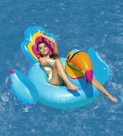 Colorful Bestway inflatable toucan figure with handles, suitable for beach and pool play, perfect for outdoor fun and games.