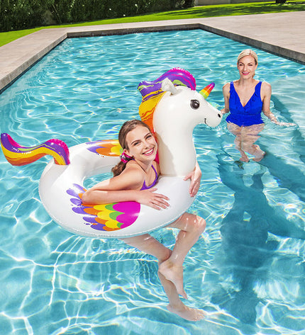Bestway inflatable unicorn pool float, 119x91 cm, featuring a colorful unicorn design for beach and pool fun.