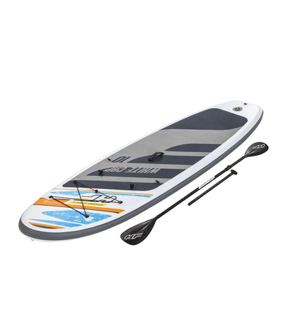 Bestway multicolour stand-up paddleboard on water, showcasing its vibrant design and sporty outdoor watersport features.