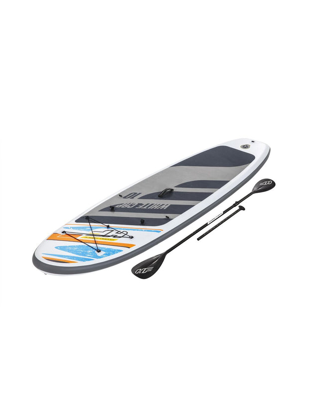 Bestway multicolour stand-up paddleboard on water, showcasing its vibrant design and sporty outdoor watersport features.