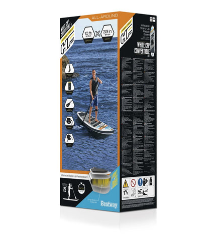 Bestway multicolour stand-up paddleboard for outdoor watersport, shown on calm water with a paddle nearby.