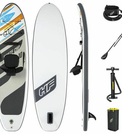Colorful Bestway stand-up paddleboard on water, showcasing its multicolour design for outdoor watersport activities.