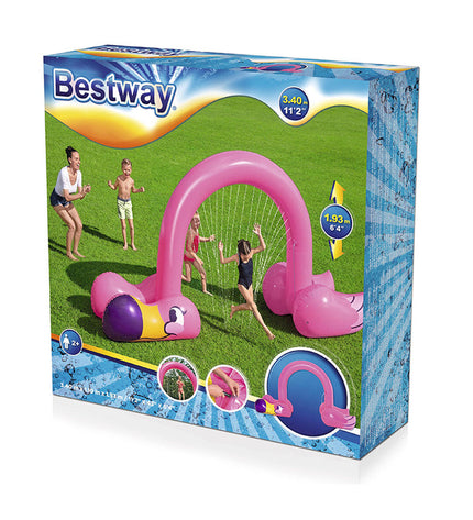 Bestway Jumbo Flamingo Sprinkler in pink with flamingo design, outdoor toy for garden fun, measuring 340x110x193 cm.