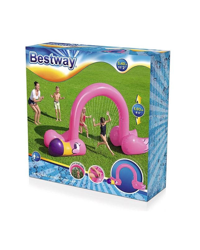 Bestway Jumbo Flamingo Sprinkler in pink with flamingo design, outdoor toy for garden fun, measuring 340x110x193 cm.