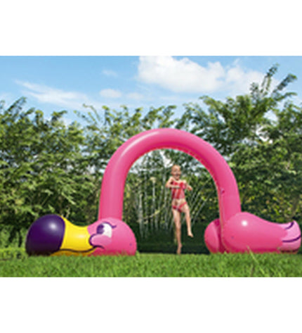 Bestway Jumbo Flamingo Sprinkler in pink with water spray, large outdoor garden toy for kids, dimensions 340x110x193 cm.