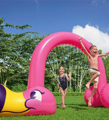 Bestway Jumbo Flamingo Sprinkler in pink with large inflatable design, suitable for outdoor play and garden fun.