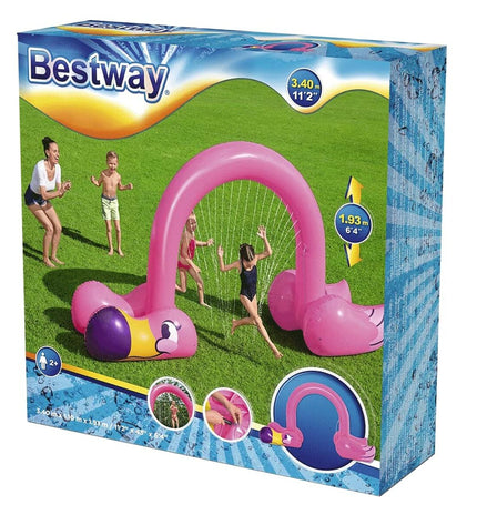 Bestway Jumbo Flamingo Sprinkler in pink with water spray features, measuring 340x110x193 cm for outdoor play and summer fun.