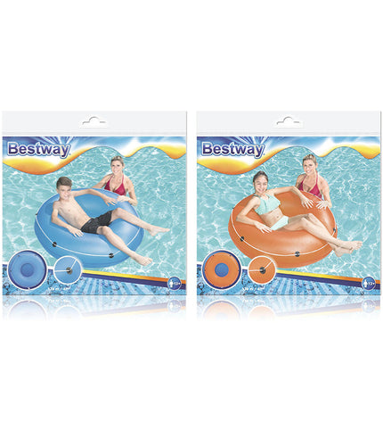 Bestway inflatable smooth float with cord in assorted colors, 119 cm, suitable for children over 12 for beach and pool fun.