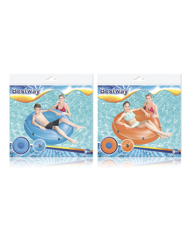 Bestway inflatable smooth float with cord in assorted colors, 119 cm, suitable for children over 12 for beach and pool fun.