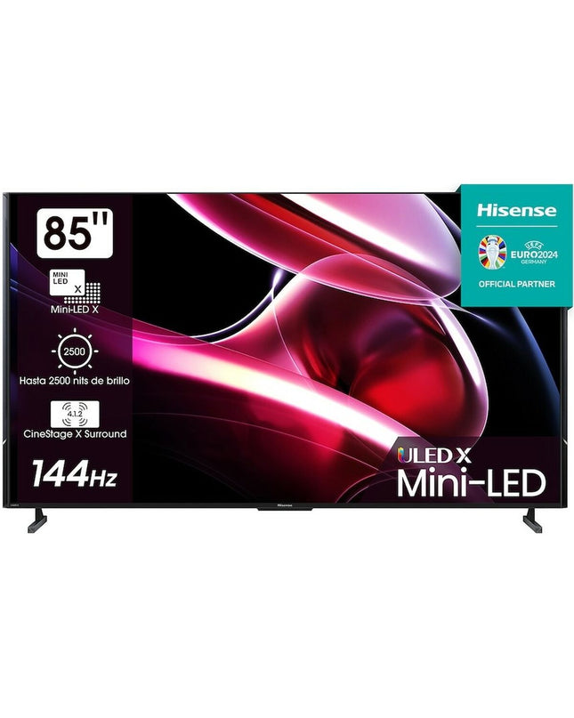 Hisense 85-inch 4K Ultra HD QLED Smart TV with slim design, displaying vibrant colors and a sleek screen for home entertainment.