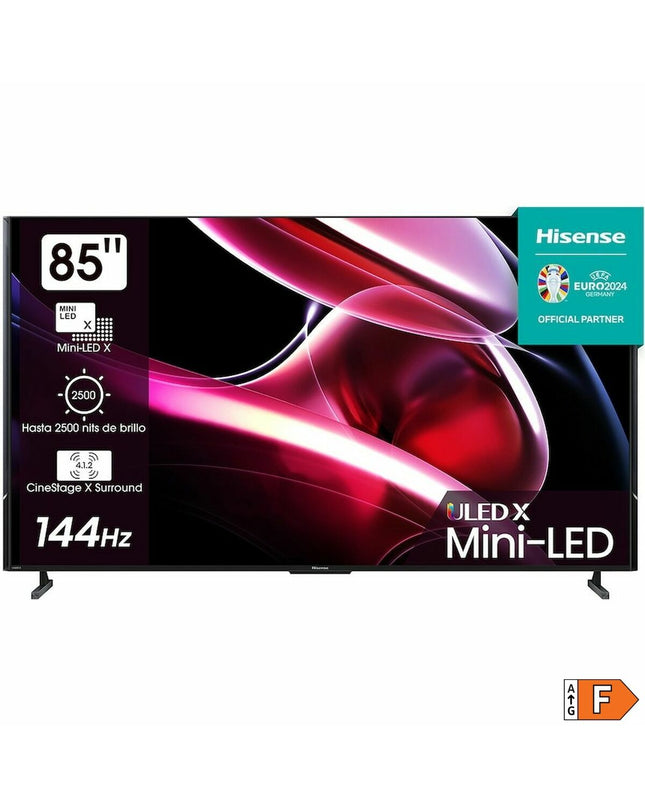 Hisense 85-inch 4K Ultra HD QLED Smart TV displaying vibrant images in a modern living room.