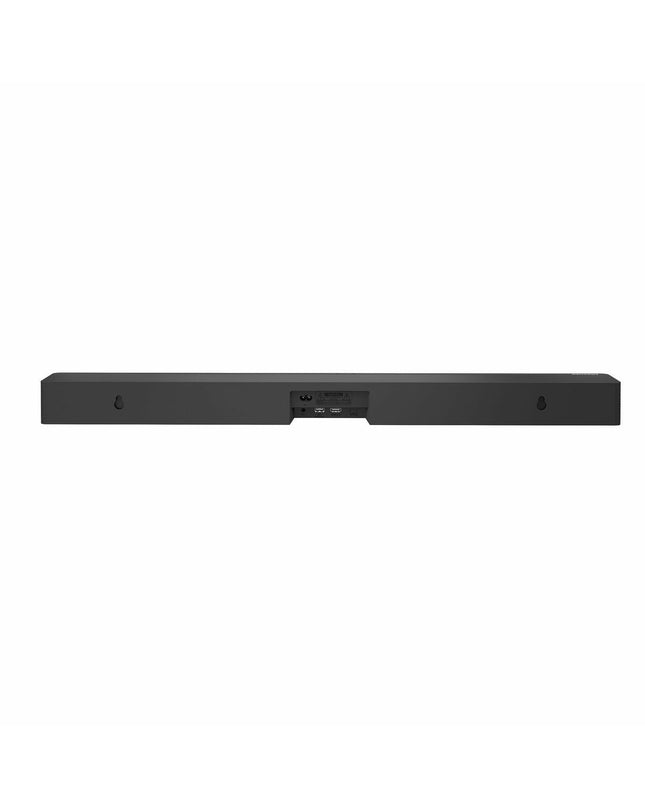 Hisense HS2100 black 120W soundbar with sleek design, featuring audio controls and connection ports on the front.