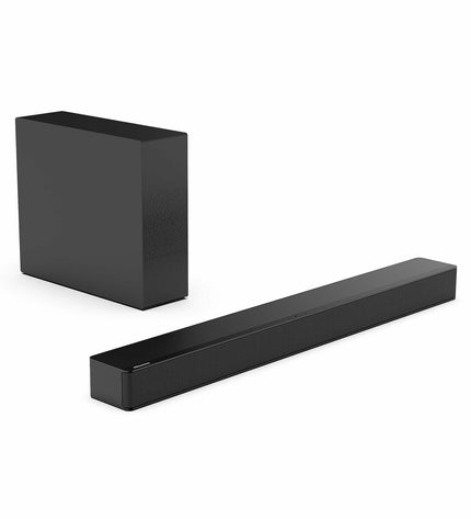 Hisense HS2100 black 120W soundbar with sleek design, audio controls, and connection ports for enhanced home audio experience.