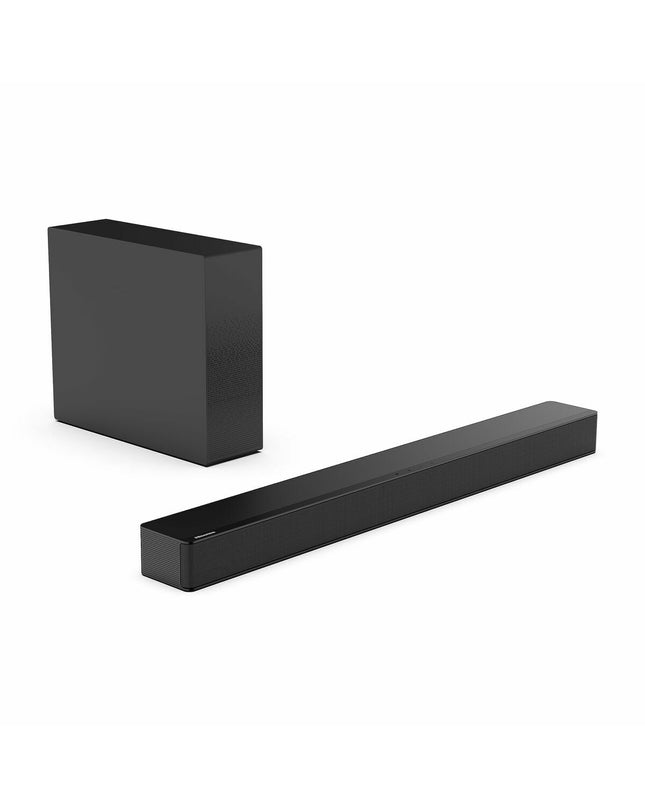 Hisense HS2100 black 120W soundbar with sleek design, audio controls, and connection ports for enhanced home audio experience.