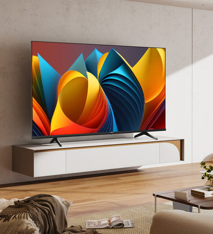 Hisense 50E77NQ 50-inch 4K Ultra HD LED TV with HDR and QLED display, showcasing a vibrant home entertainment screen