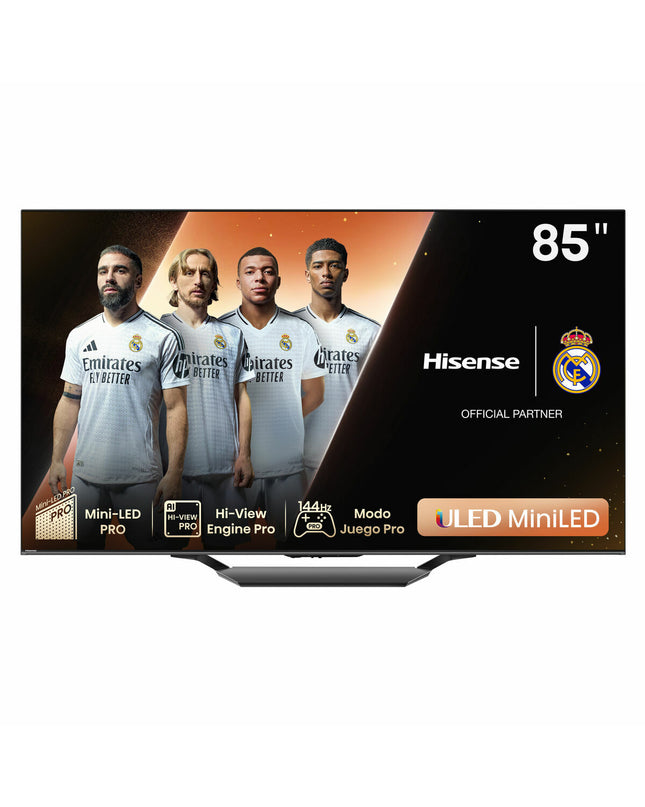 Hisense 85U7NQ 4K Ultra HD LED Smart TV displaying vibrant colorful images on an 85-inch screen in a modern living room