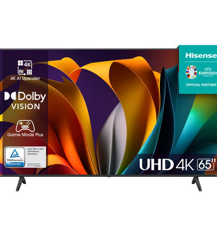 Hisense 65A6N 4K Ultra HD LED Smart TV displaying vibrant home screen with sleek black bezel and thin profile.